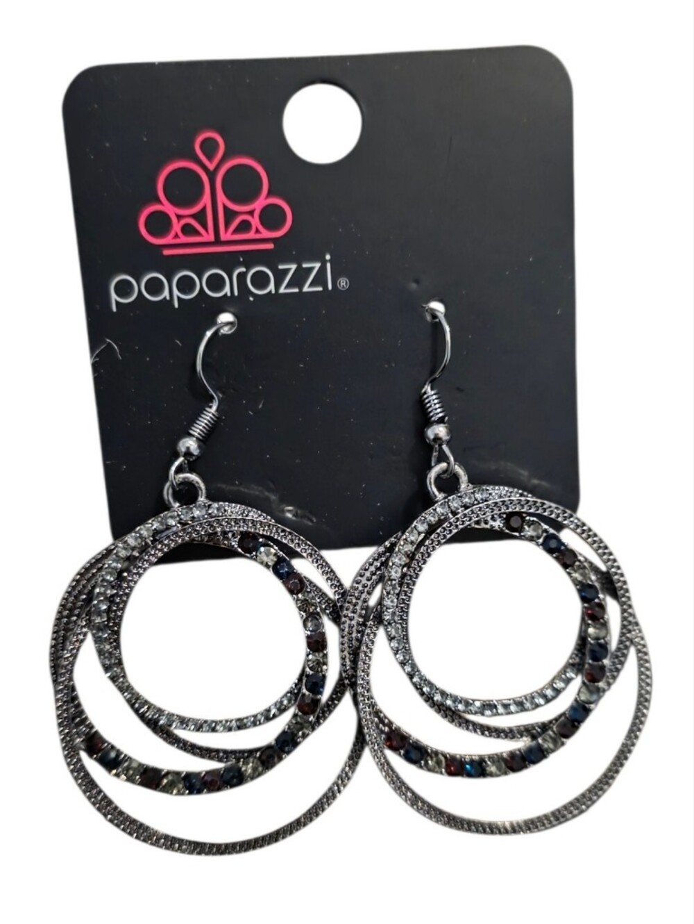 Paparazzi Silver Triple Hoop Earrings with Multicolored Stones